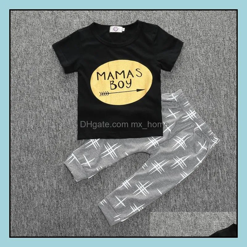 new summer ins infant baby set boys mamas boy letters printed short sleeve black cotton tshirt + pants kids 2pcs set children outfits