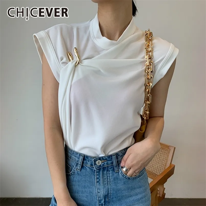 CHICEVER Casual Ruched Women's Tank Tops Stand Collar Sleeveless Irregular Large Size Loose Vests Female Summer Clothes 220316