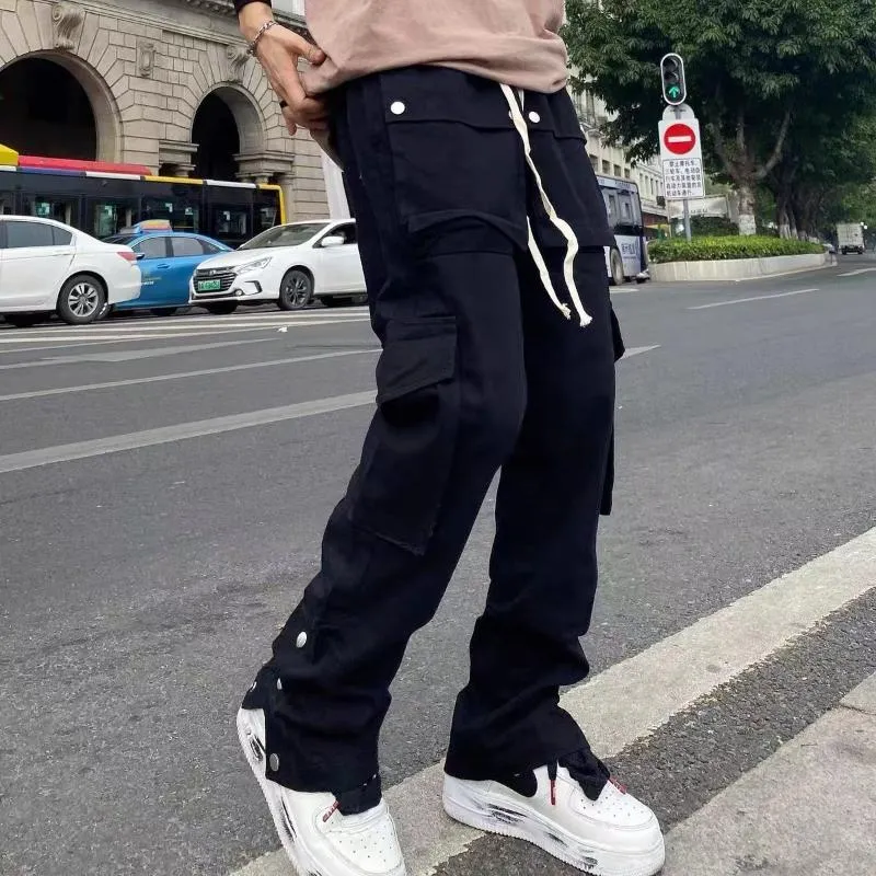 Men's Pants Black Cargo Mens Clothing Flare Trousers Europe And America Pocket High Street Harajuku Bell-bottom Male Sweatpan247o