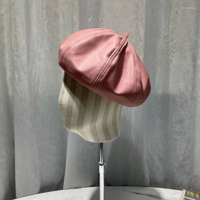 Berets ins achthoekige baret pu lederen Brits retro Japanse modeschilder pompoen hoed met gezicht kleine tideBerets chur22