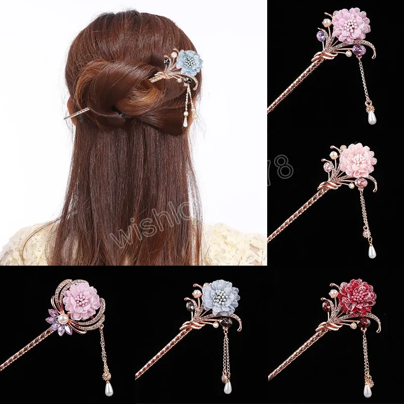 Moda metallo forcine stile cinese nappe capelli bastone fiore strass capelli bacchette copricapo festa nuziale copricapo