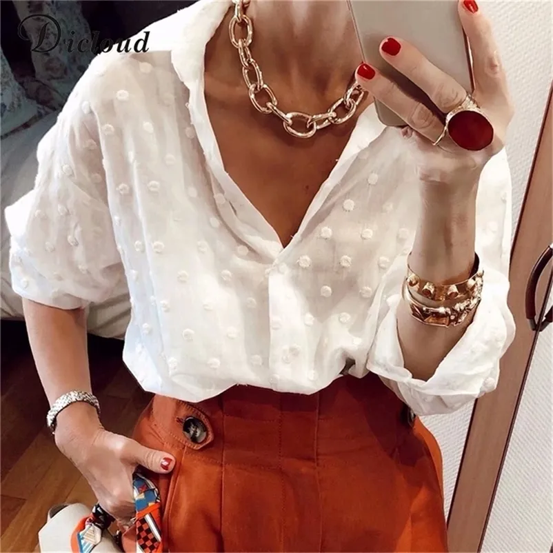 DICLOUD Sexy Fashion Woman White Blouses 2020 Long Sleeve Beach Tunic Elegant Dot Shirt Casual Chiffon Blouse Black Female LJ200813