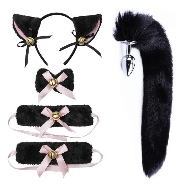 Lolita 5 PCS/Set Cat Cosplay Seksi Anal Oyuncaklar Erotik Kostüm Kuyruk Kulakları Yaka Pençeleri Çan Kitleri Gotik Aksesuar