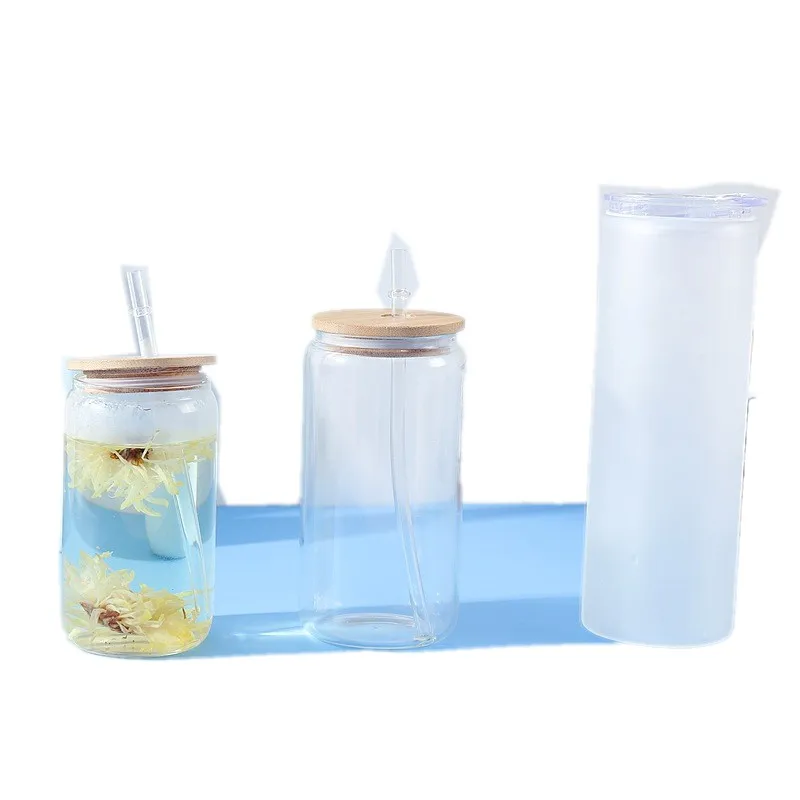 12oz 16oz 25oz Sublimation Thickened Glass Mugs Heat Transfer Glass Cola Clear And Matte Cans Beverage Juice Cups With Straws Wooden Lids 657 D3