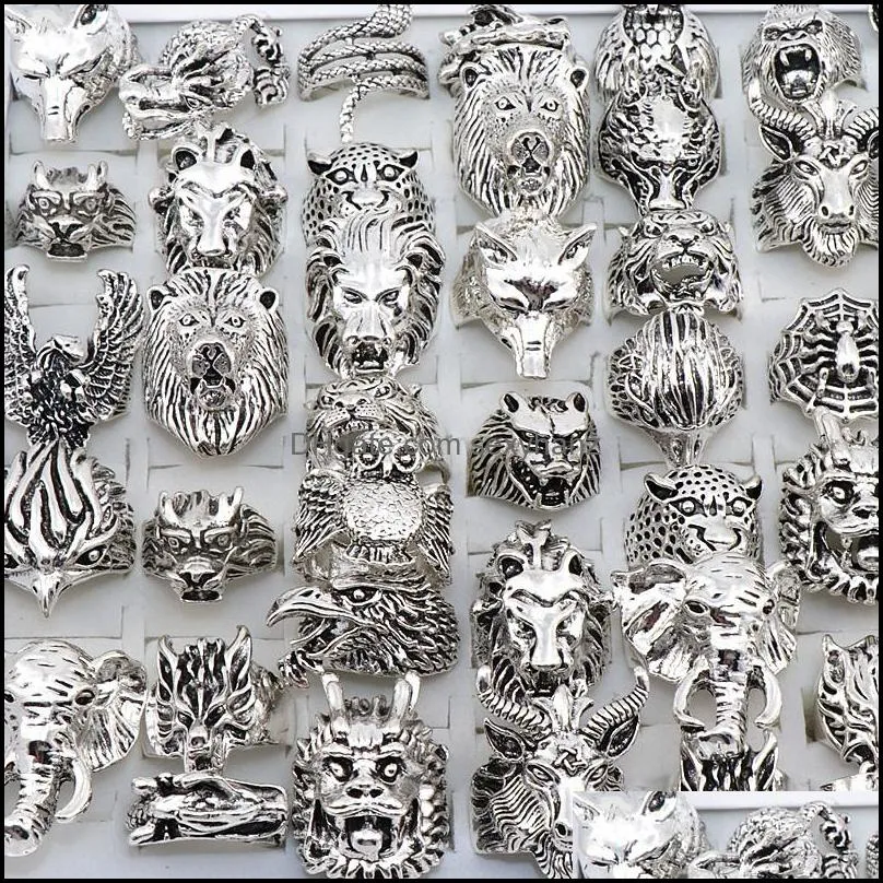 Band Rings Jewelry Wholesale 20Pcs Mix Snake Owl Dragon Wolf Elephant Tiger Etc Animal Style Antique Vintage Dhrya