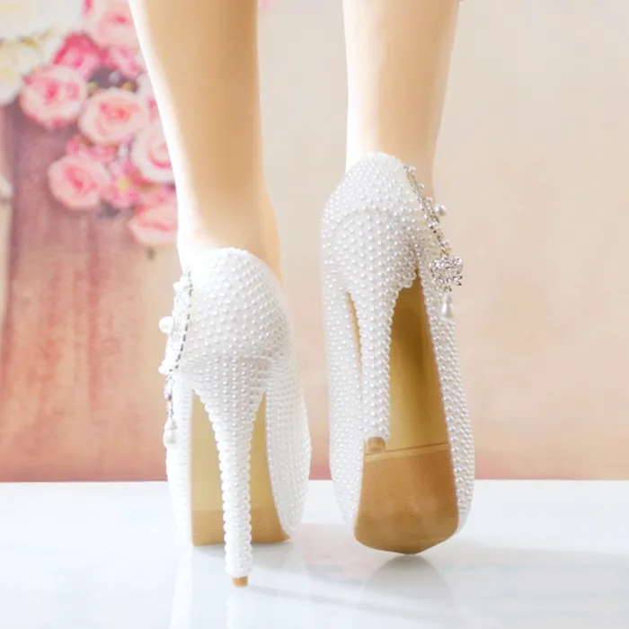 Chaussures de mariage avec perles blanches, chaton épais, talons hauts, escarpins en dentelle blanche, princesse, fête d'anniversaire, 238V, 2022