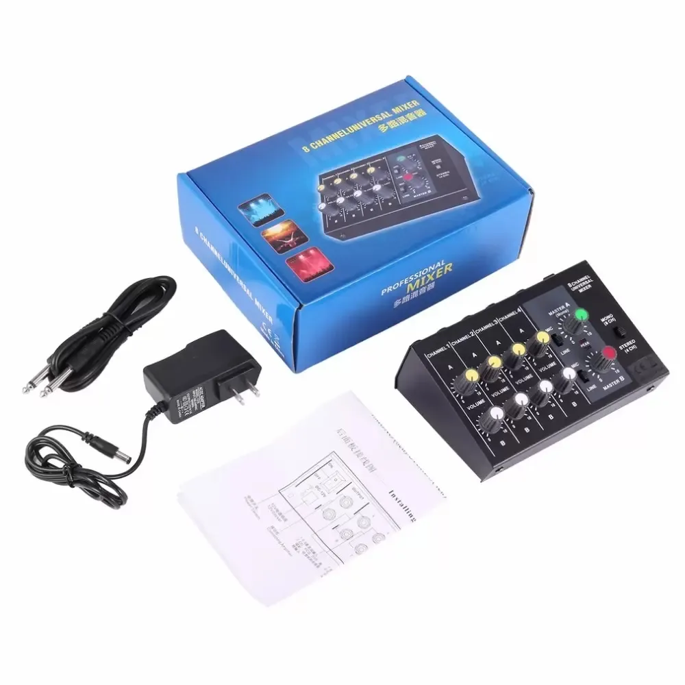 Console de mistura digital de 8 canais Karaoke Player Universal Mixer Console Mono / Stereo Microfone Ajustando Painel EUA Plug