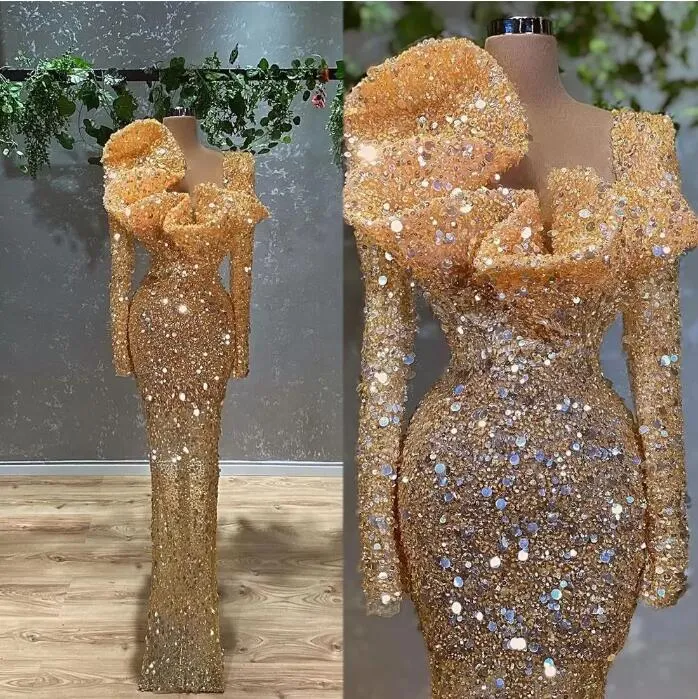 Glitter Gold Sequins Mermaid Prom Dresses 2022 Long Sleeves Plus Size Sweep Train Formal Evening Occasion Gowns For Arabic Women Vestdidos De Novia C0601G02