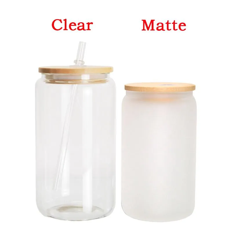 2023 US Warehouse 12oz 16oz Sublimation Glass Blanks With Bamboo Lid Frosted Sublimation Beer Can Glass Borosilicate Tumbler Mason Jar Cups Mug With Plastic Straw