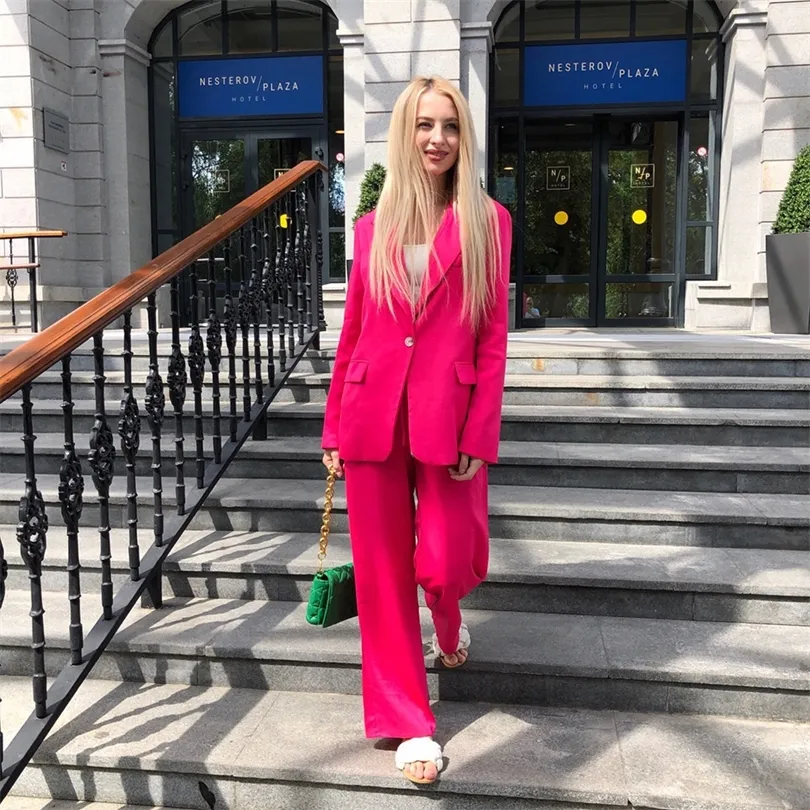 XEASY Women Twopiece Set Satin Rose Red Vintage Office Lady Single Button Blazer Female Elastic High Waist Pants Suits 220812 From 17 01 DHgate