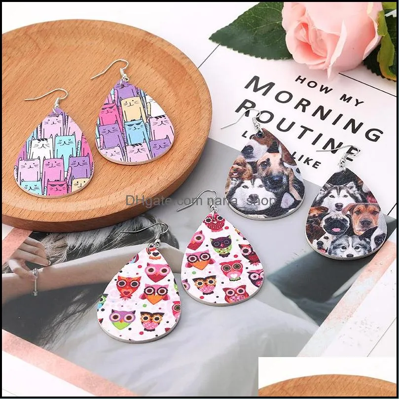 Newest Animal Cat Dog Owl Printig PU Leather Earrings for Women Leather Dangle Drop Earrings Waterdrop Earing Party Designer Jewelry