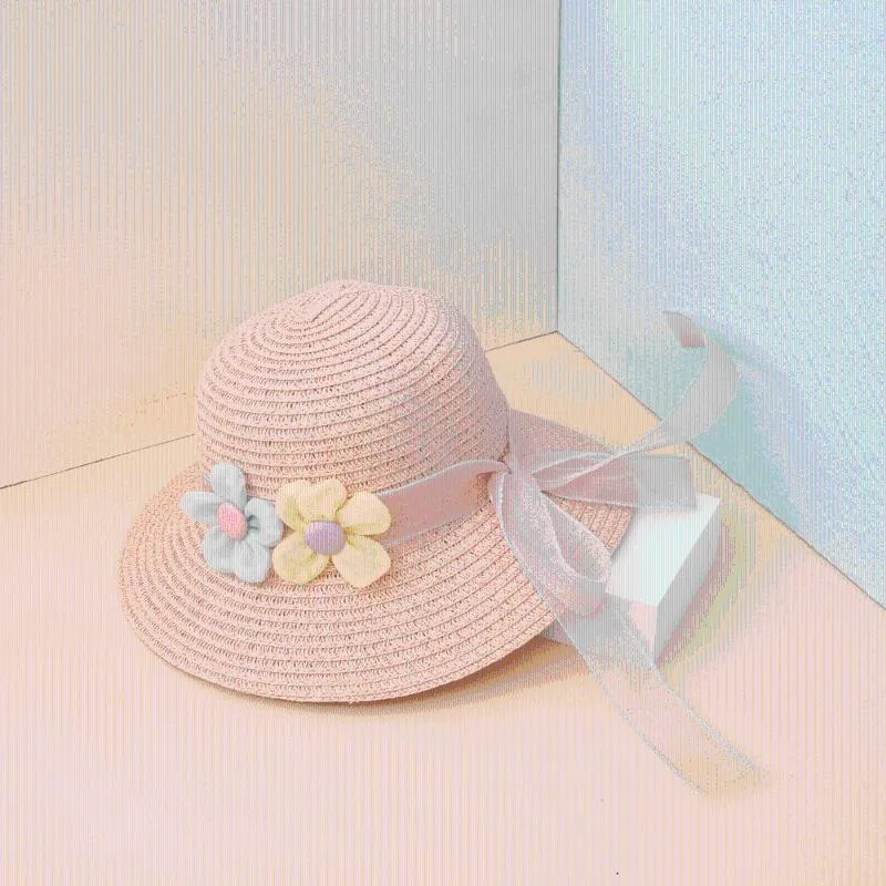 Cute Girls Summer Sunhat Children Straw Hat Bow Lace 3D Flower Visor Cap Panama Gorros Princess Kids Baby Beach Sun Wide Brim Hats Delm22