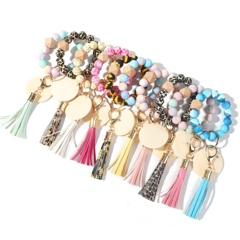 Bracelet en perles de bois bijoux en silicone perlé gland porte-clés perlé tie-dye bracelet arc-en-ciel coloré frange bracelets poignet porte-clés pendentif sac accessoires BB8001