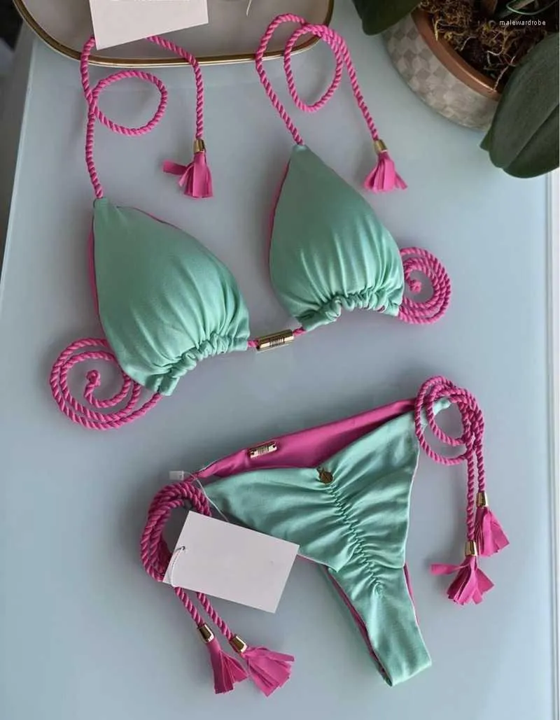 Kadın Mayo Duygu Örgülü Kayış Bikini Takım Elbise Seksi Moda Düz Renk Mayo 2 Parça Set Kadın Pembe MayoKadın