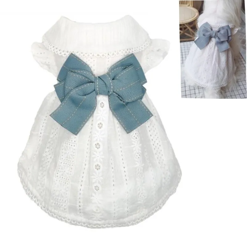 Pet Dog Clothes White Lace Mesh Heart Pattern Sleeveless Small Dog Dress Bowknot Buds Pet Clothing For Wedding Party 201102