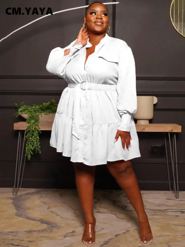 Plus size jurken cm.yaya vrouwen lange mouw met lange mouwen met één borsten down nek revers grote swing shirt stijl babydoll smock dressplus