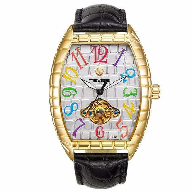 TEVISE 남자 스퀘어 다이얼 디자인 자동 시계 가죽 스트랩 기계식 시계 뚜르 비옹 스포츠 밀리터리 시계