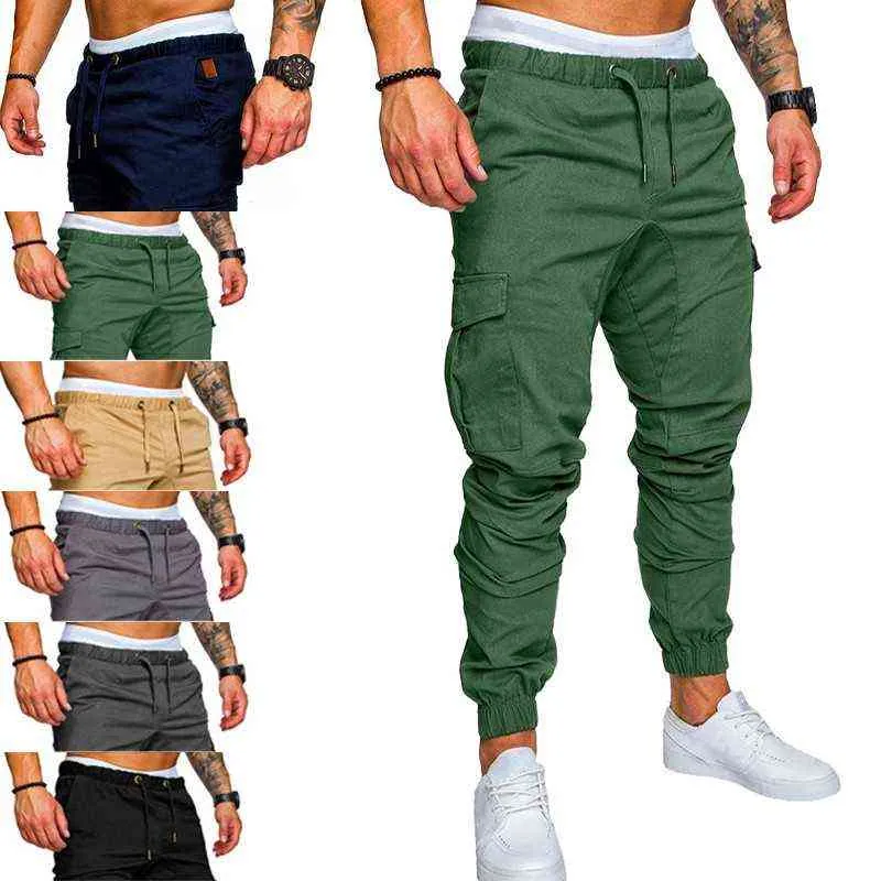 2022 män byxor joggar svettbyxor casual manlig sportkläder solid multi-pocket lastbyxor Hip Hop Harem Pants Slim Fit G220713