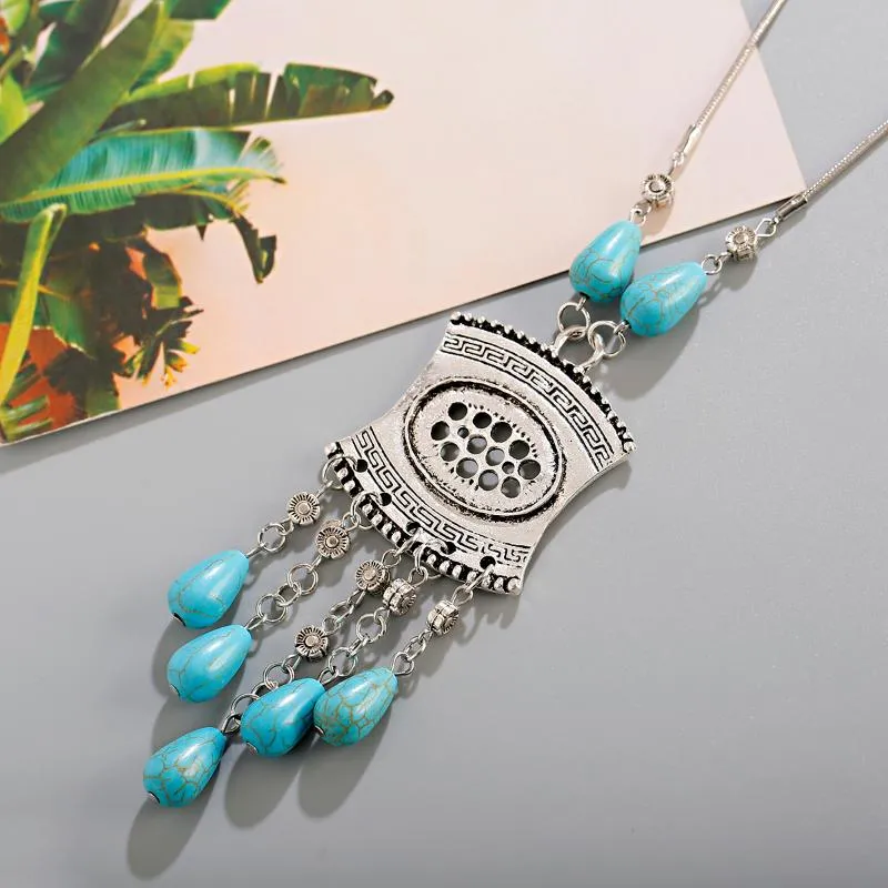 Hänge halsband vintage etnisk blå turkos sten tofs halsband för kvinnor zigenare skivfärg lång kedja flickor juvelrypendant pendantp