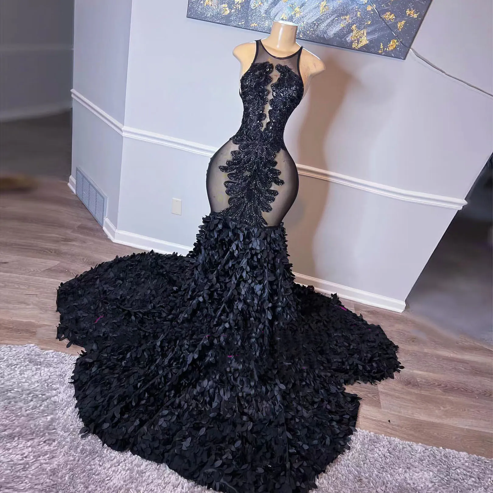 Vestido de Baile Sexy Preto Sereia Para Menina Africana 2022 Com Bordado Lantejoulas Sem Mangas Apliques Vestido de Festa Vestido de Noite Ilusão Vestidos de Formatura