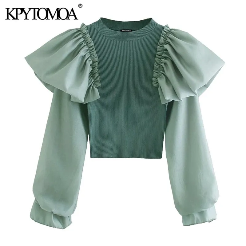 KPYTOMOA Moda Donna Ruffle Patchwork Ritagliata Maglione Lavorato A Maglia Vintage Manica Lunga Stretch Sottile Femminile Pullover Chic Top 201221