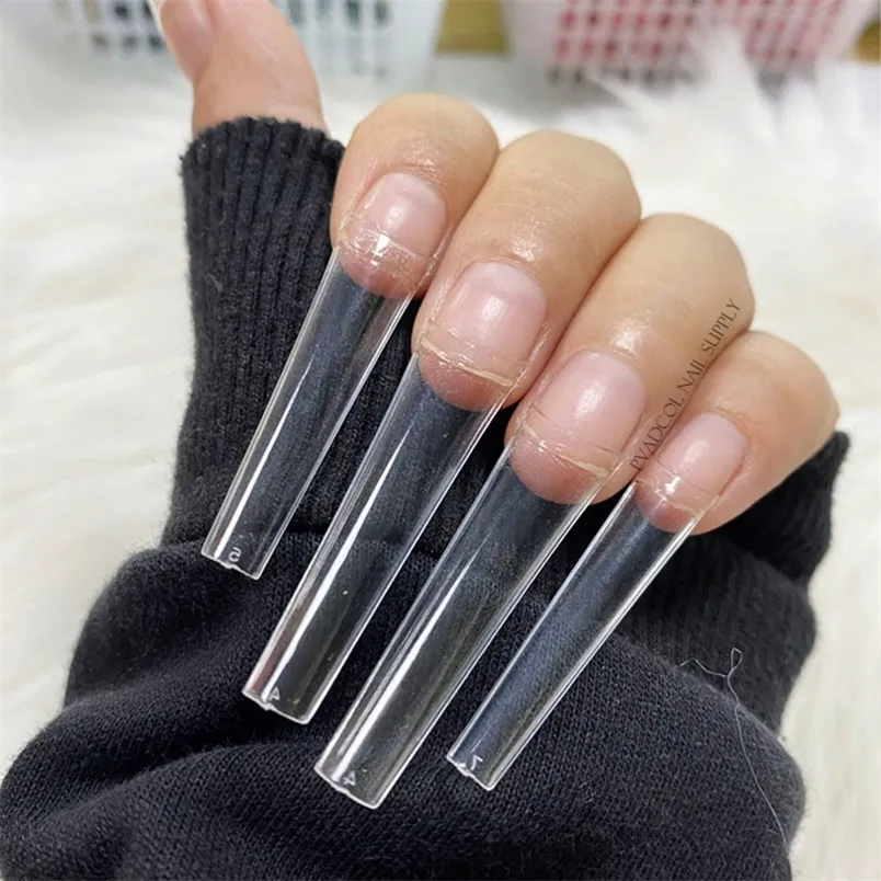 Non-C-Curve XXL Lange acryl nageltips Transparante doodskist Rechte kunstnagels Vingerpers op tips UV-gelverlenging Manicure 220726
