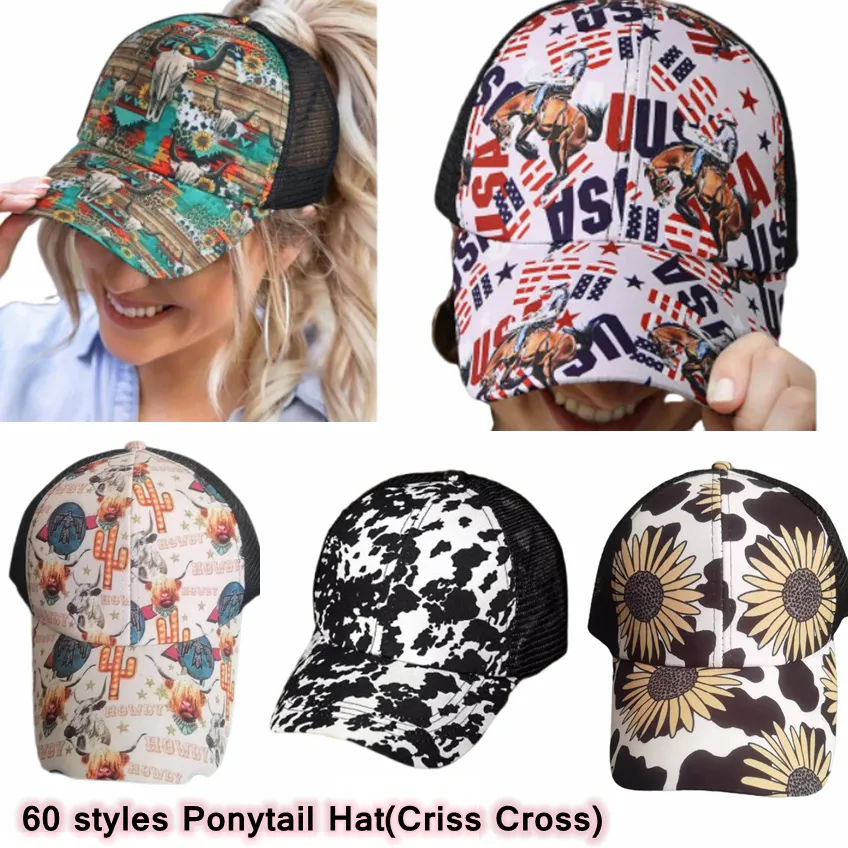 Hästsvans baseballkeps 60 stilar Criss Cross Ryggtvättad Nödställda hästkepsar Messy Bulls Trucker Mesh Hattar CYZ3224