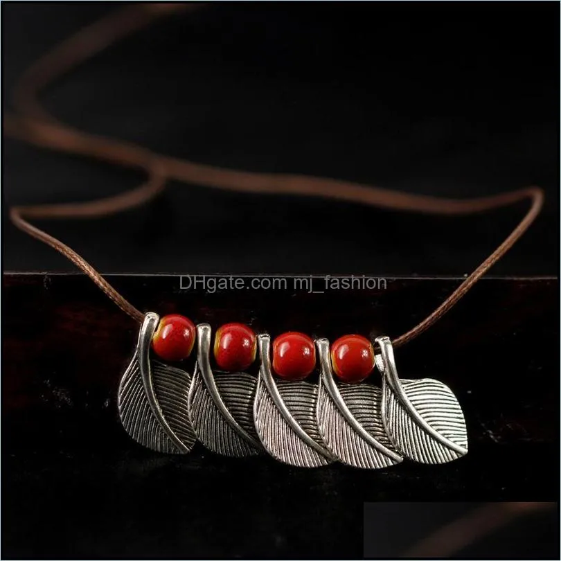 miage ethnic handmade ceramic glaze bead fruit ancient bronze color feathers leaves sweater necklace women fashion accessory