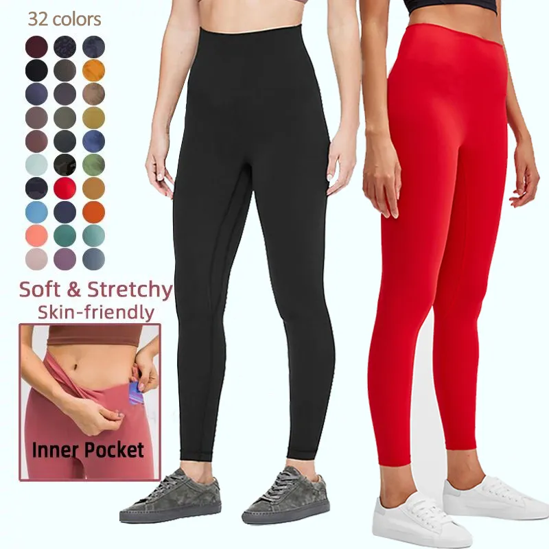 Calça de ioga feminina de tecido de lycra cor sólida 25 pol. cintura alta para treino feminino roupas de ginástica roupas de academia amazon tiktok leggings com bolsos