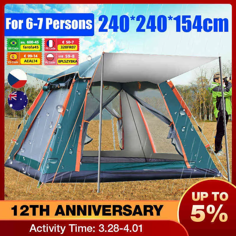 4 People Large Tent Quick Setup Family Tent Outdoor Waterproof Camping Hiking Foldable Folding Tent Double Layer Family Tents H220419