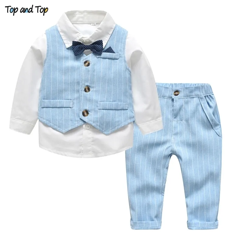 Top och SpringAutumn baby pojke gentleman kostym vit skjorta med slips + randig väst + byxor 3pcs formella barn kläder set 220326