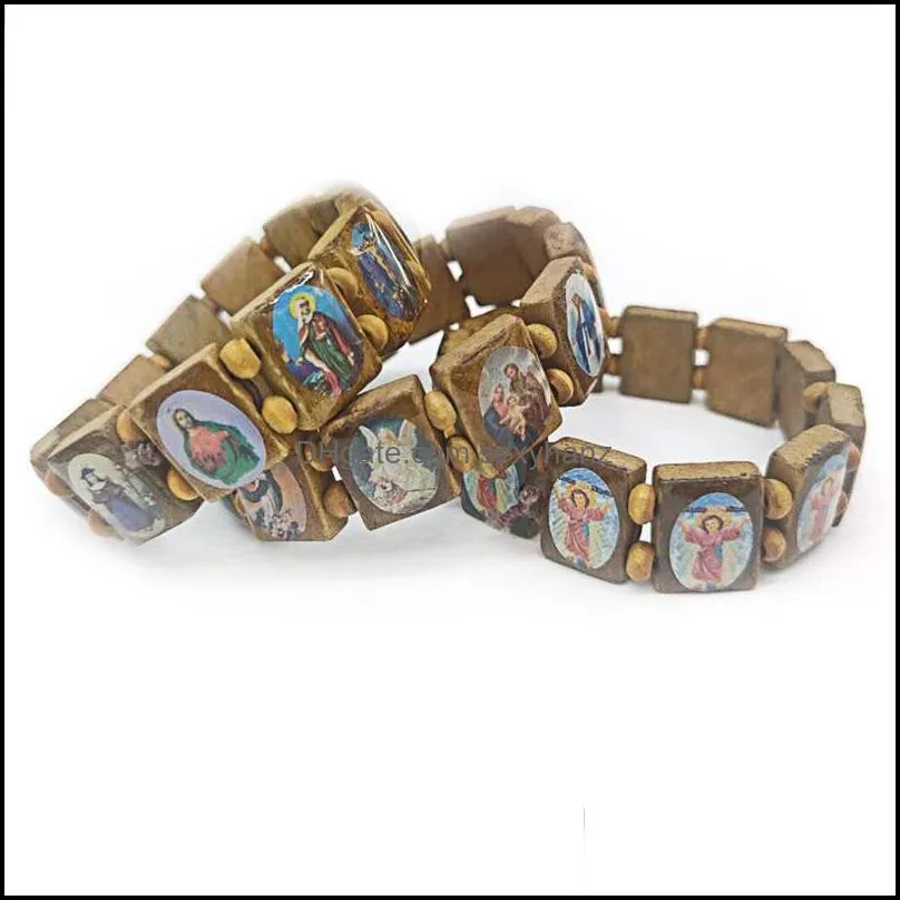 Wooden Bead Mary Jesus Saints Bracelet Holy Gift Bracelets Rosary Charm Jewelry Catholic Religious Virgin Elastic Christian 468 Z2