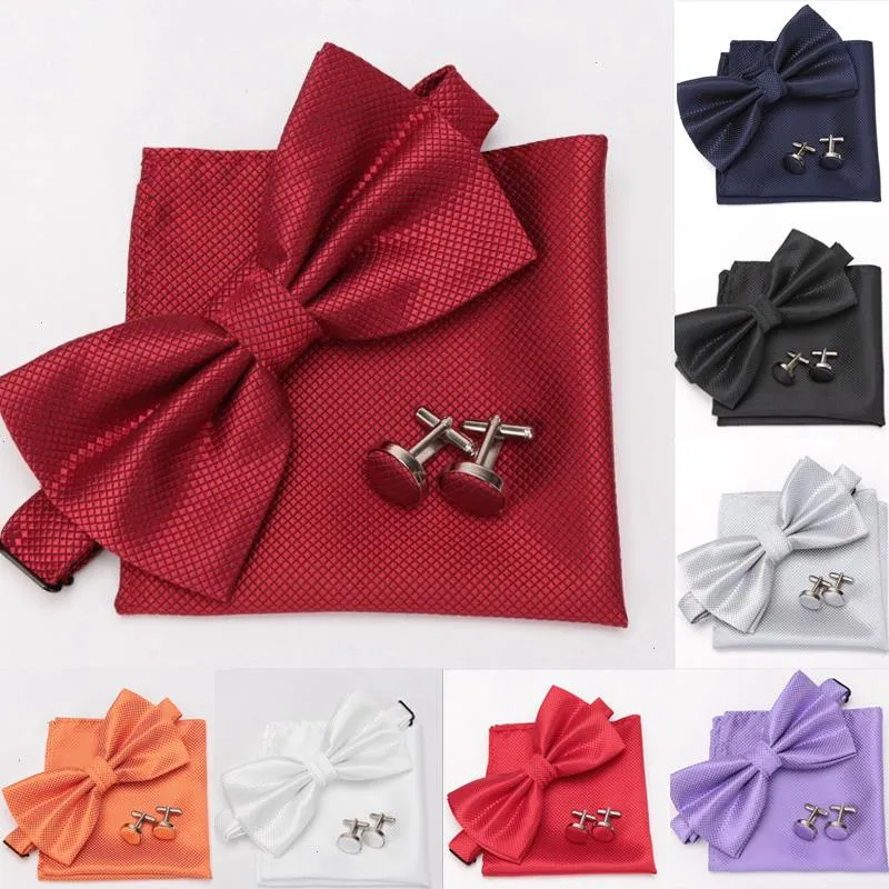 Män formell solid polyester bowtie pocket fyrkantig manschettknappar båge slips handduk manschett länkar party bröllop tre delar uppsättning