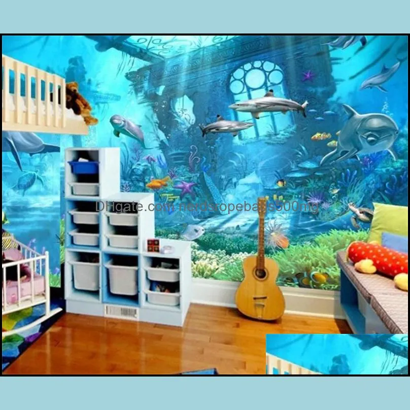 Underwater World Mural 3d Wallpaper Television Kid Children Room Bedroom Ocean Cartoon Background Wall Sticker Nonwoven Fabric 22dya