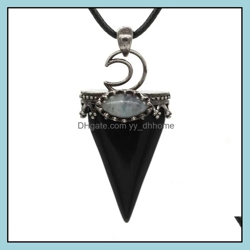 JLN Triangle Semi-precious Stone Pendant Antique Silver Plated Crown Moon Accessory Plus Oval Labradorite Bead Necklace With Leather