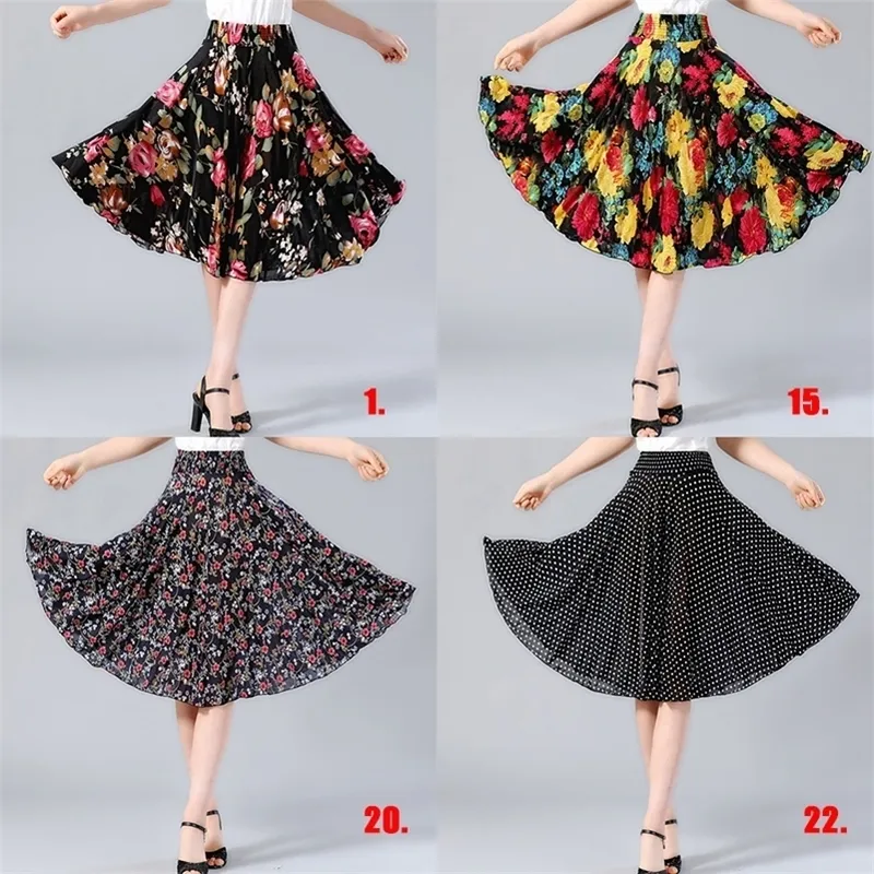 Femmes jupes été automne jupe Aline genou longueur Floral taille haute Vintage Midi jupe femmes plissé élastique Wais jupe 210306