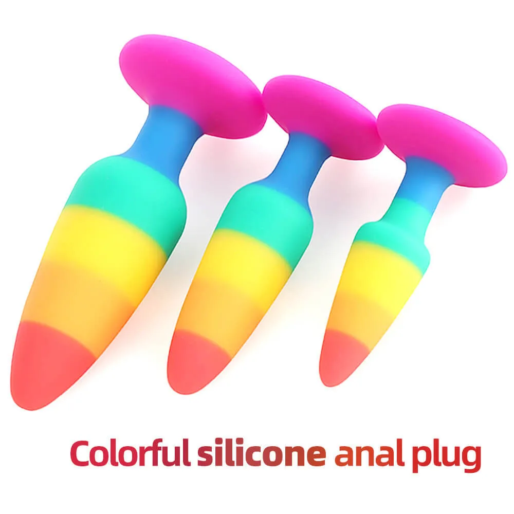 Rainbow Silicone Anal Plug 3 Size Multicolor Butt Wearable Dildo för med Strong Sug Cup Sexiga leksaker Par Gay