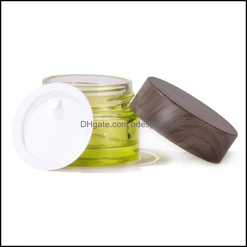 Olive Green Glass Cosmetic Jars Empty Makeup Sample Containers Bottle with Wood grain Leakproof Plastic Lids BPA free for Lotion,