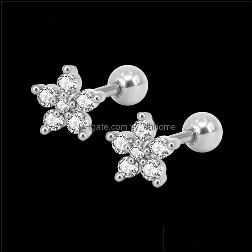 New Pink Blue Flower CZ Stud Earrings For Women Girls Cubic Zircon Silver Gold Color Lip Rings Nails Earring Wedding Bridal Design