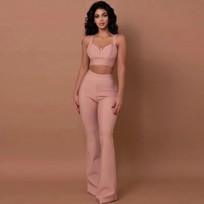 Pantalon deux pièces pour femme Rayon Bandage Set 2 Pièces Blanc Rose Kaki Sangle Sans Manches Crop Top Et Pantalon Long Sexy Celebrity Party WearWom