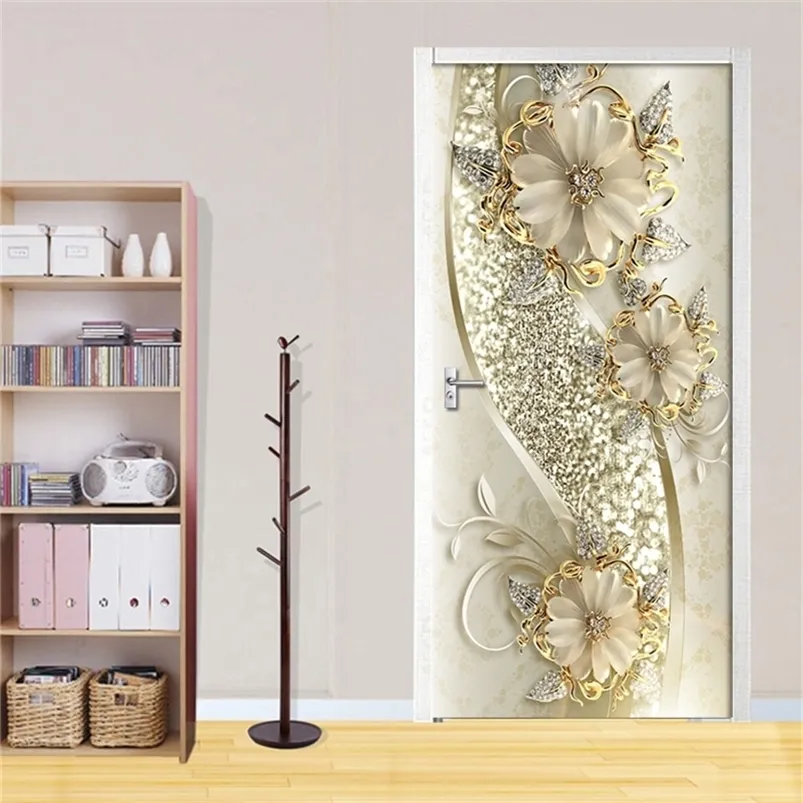 3D Kapı Sticker Altın Kabartmalı Çiçekler Duvar Duvar Sanatı Duvar Kağıdı Posteri Kapı Sticker PVC Kendinden Yapışkanlı Çıkarılabilir Ev Kapı Çıkartması 210317