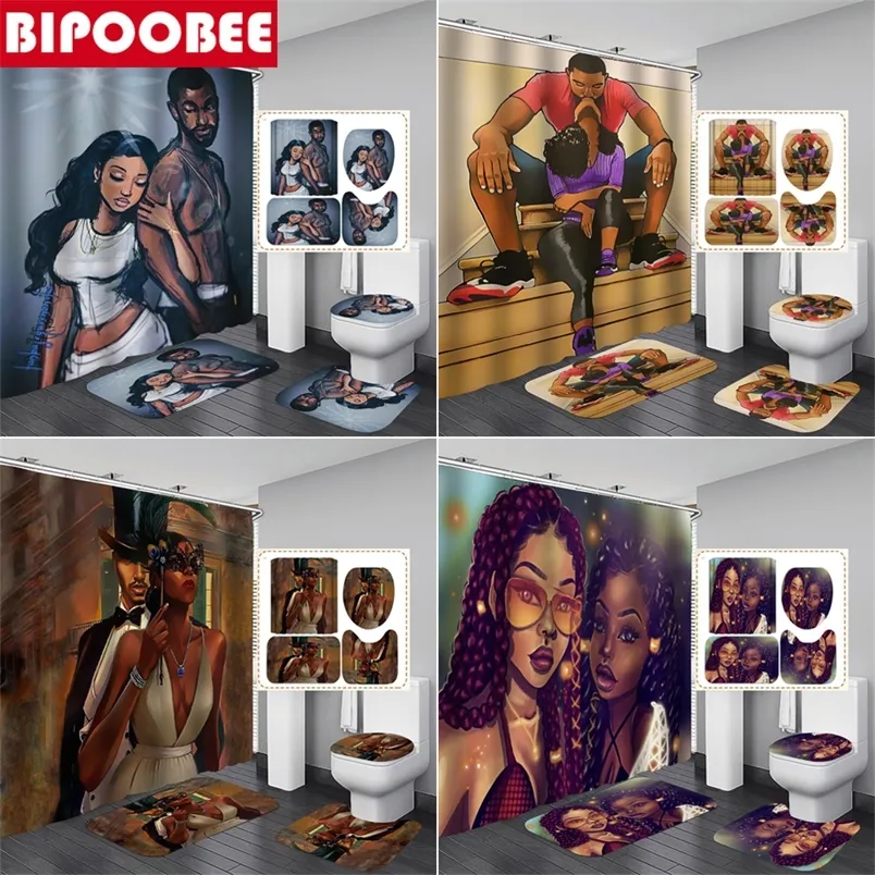 African Strong Man Sexy Girl Set di tende da doccia Afro Lover Tappeti antiscivolo Coperchio del water Coperchio e tappetino da bagno Tende da bagno Set 220517