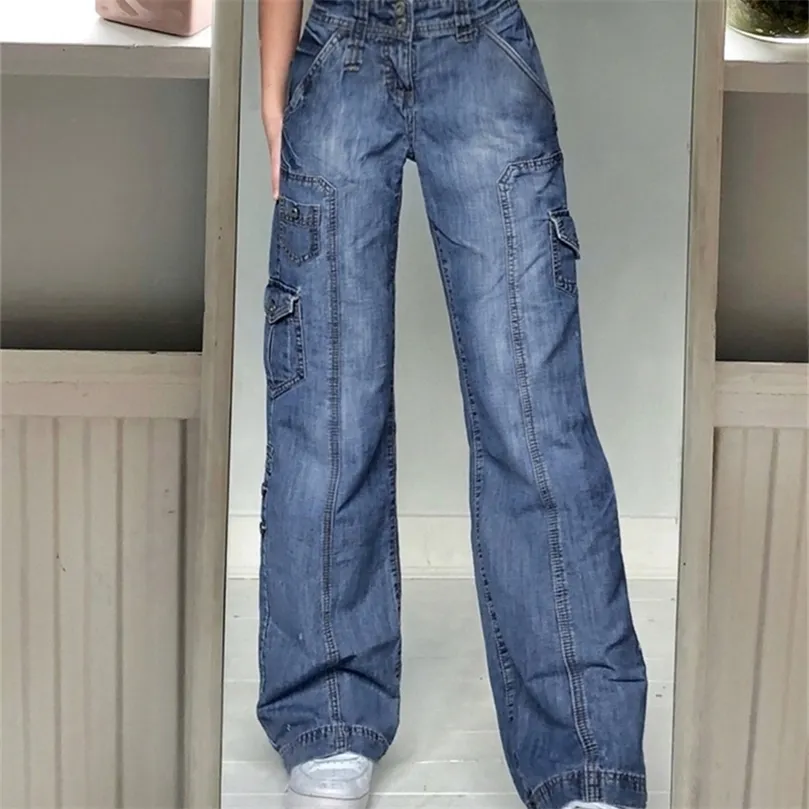 MEEKEEP Y2K JEANS STREETWEAR Kobiety Dżinsy wysokiej talii szerokie kieszenie na nogi Patcha workowate spodnie towarowe Vintage Denim Capris Fairycore 220701