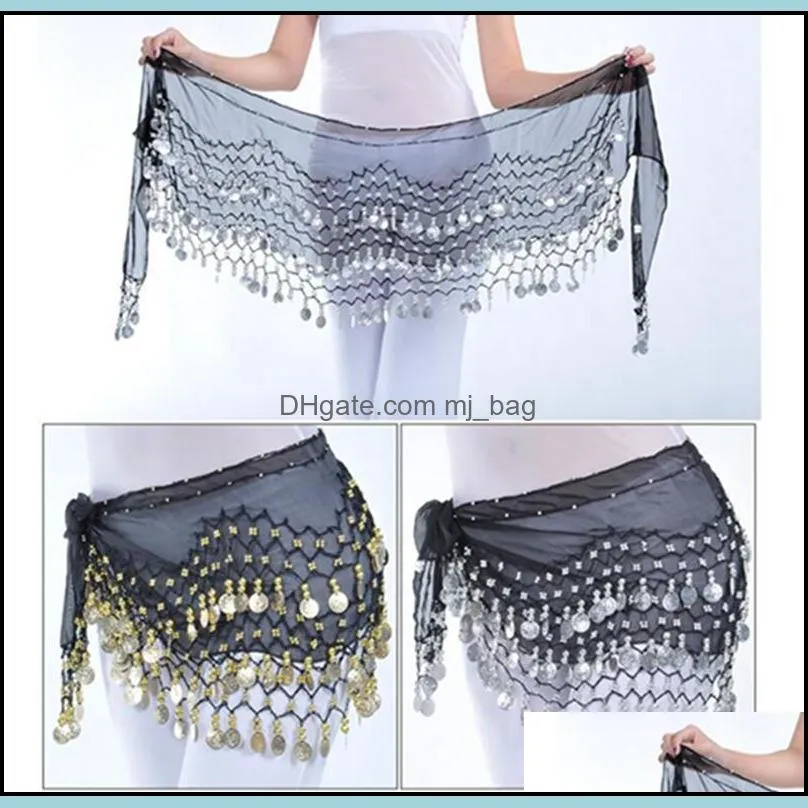 belly dance hip scarf waist chain belt chiffon dangling hip belly dance skirts coins gold silver