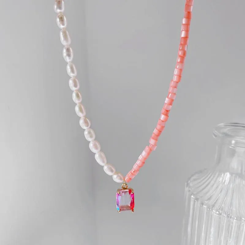 Подвесные ожерелья пресноводные жемчужные ожерелье для женщин дизайн розовой цирконной цепь цепей с бисером с бисером с бисером