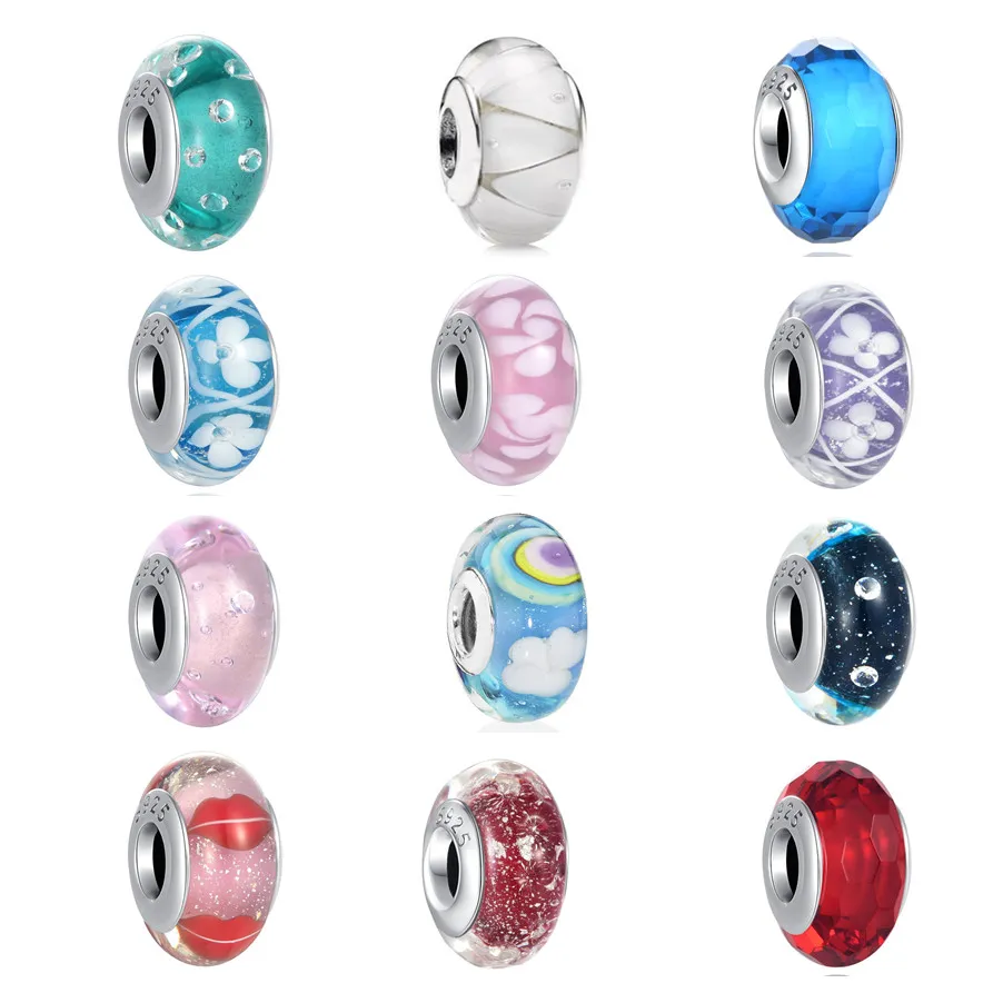 925 Silver Fit Pandora Charm 925 Браслет Murano стеклянные бусины синие красные розовые зеленые пурпурные белые чары набор подвеска