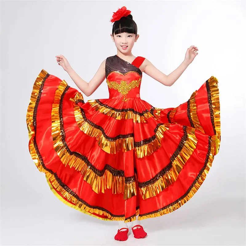 Stage Wear Children Flamenco Rok Meisjes Spaanse Stierenvechten Dansjurk Ballroom Big Swing Performance Costume DL4220