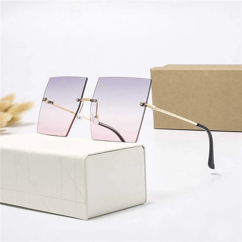 Modern oversized frame women fashion sunglasses high-grade metal texture frameless color trend glasses simple personality anti-ultraviolet