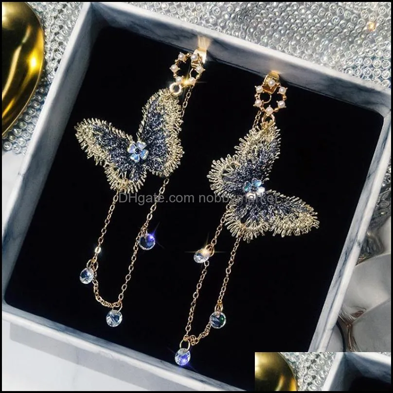 Dangle & Chandelier Korean Fairy Butterfly Long Earrings For Women Girl Ear Adornment Alloy Circle Rhinestone Tassel Handmade Jewelry