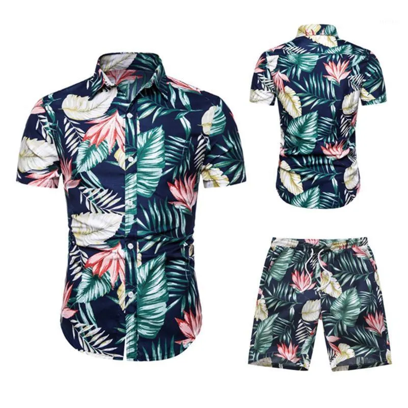 Pantaloncini da uomo Set da due pezzi con stampa hawaiana Camicia a maniche corte stampata a foglie da uomo Tute da spiaggia quotidiane